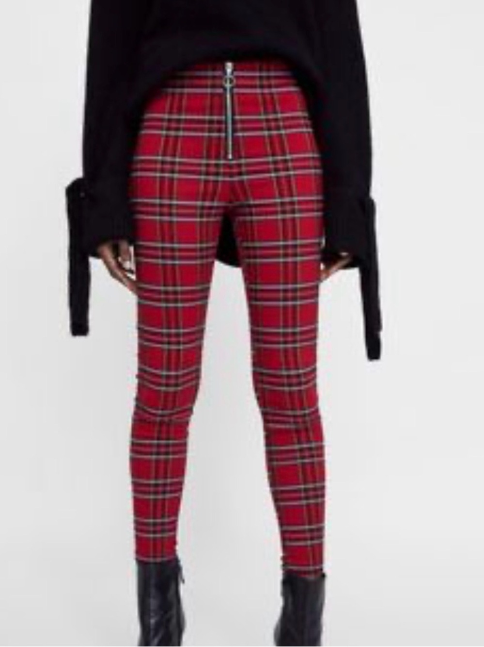 Zara Red Tartan Plaid Zipper Legging Pants | Size XXL